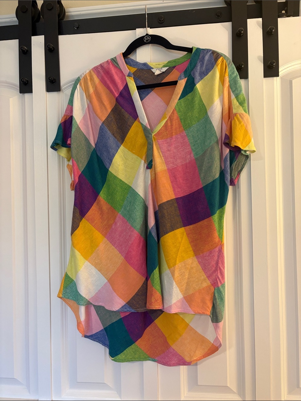 crown & ivy Multicolor Plaid V-Neck Tunic - Pink, Yellow, Green, Blue